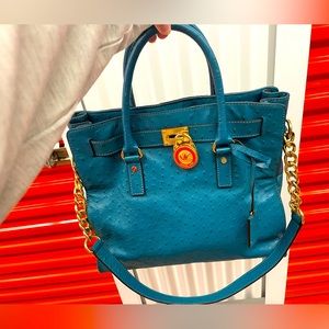 MICHAEL KORS RARE  RICH BLUE 💎OSTRICH 🦤LEATHER😍 HAMILTON TOTE GOLD HARDWARE